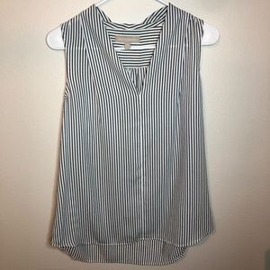 Banana Republic white collared V-neck tank top with navy vertical stripes, small